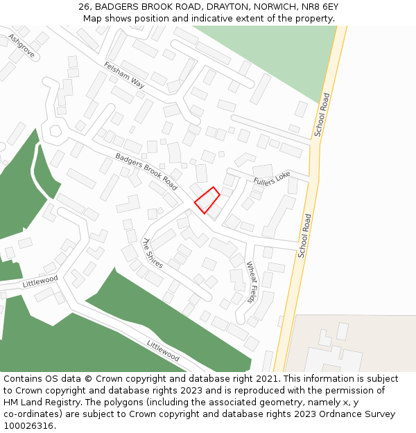 26, BADGERS BROOK ROAD, DRAYTON, NORWICH, NR8 6EY: Location map and indicative extent of plot