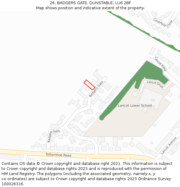 26, BADGERS GATE, DUNSTABLE, LU6 2BF: Location map and indicative extent of plot