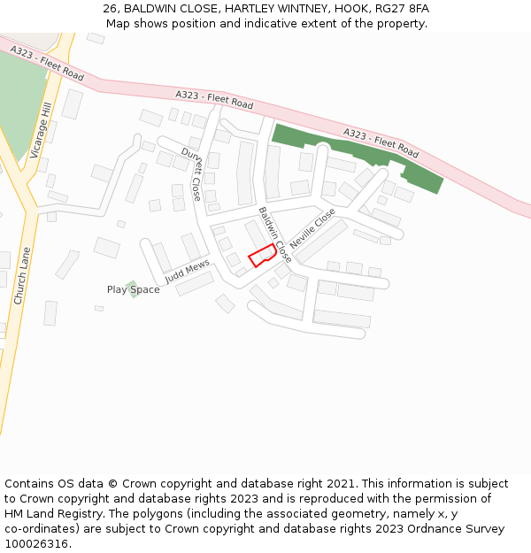 26, BALDWIN CLOSE, HARTLEY WINTNEY, HOOK, RG27 8FA: Location map and indicative extent of plot