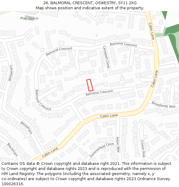 26, BALMORAL CRESCENT, OSWESTRY, SY11 2XG: Location map and indicative extent of plot