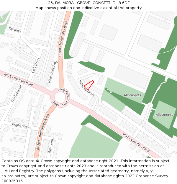 26, BALMORAL GROVE, CONSETT, DH8 6DE: Location map and indicative extent of plot