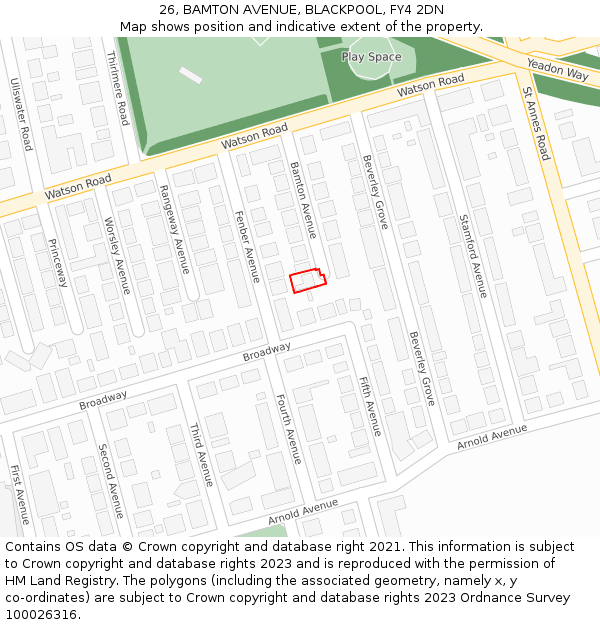 26, BAMTON AVENUE, BLACKPOOL, FY4 2DN: Location map and indicative extent of plot