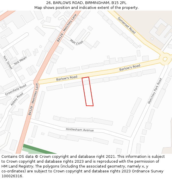 26, BARLOWS ROAD, BIRMINGHAM, B15 2PL: Location map and indicative extent of plot