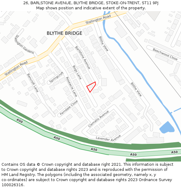 26, BARLSTONE AVENUE, BLYTHE BRIDGE, STOKE-ON-TRENT, ST11 9PJ: Location map and indicative extent of plot