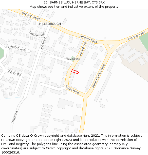 26, BARNES WAY, HERNE BAY, CT6 6RX: Location map and indicative extent of plot