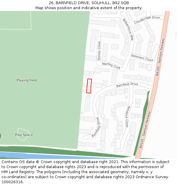26, BARNFIELD DRIVE, SOLIHULL, B92 0QB: Location map and indicative extent of plot
