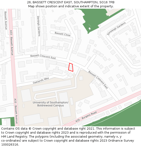 26, BASSETT CRESCENT EAST, SOUTHAMPTON, SO16 7PB: Location map and indicative extent of plot