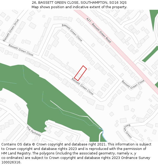 26, BASSETT GREEN CLOSE, SOUTHAMPTON, SO16 3QS: Location map and indicative extent of plot