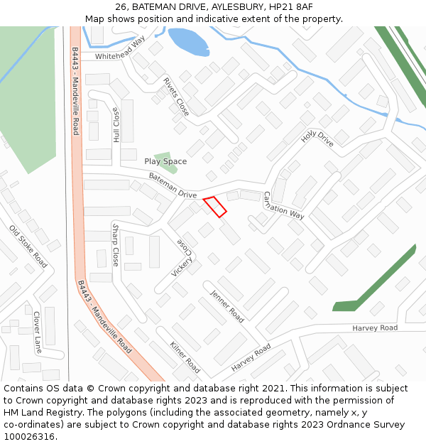 26, BATEMAN DRIVE, AYLESBURY, HP21 8AF: Location map and indicative extent of plot