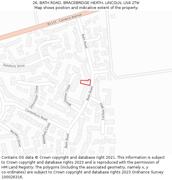 26, BATH ROAD, BRACEBRIDGE HEATH, LINCOLN, LN4 2TW: Location map and indicative extent of plot