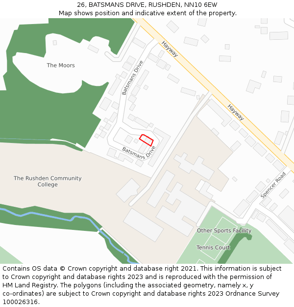 26, BATSMANS DRIVE, RUSHDEN, NN10 6EW: Location map and indicative extent of plot