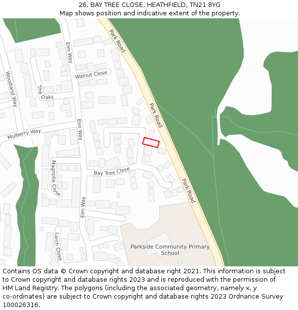 26, BAY TREE CLOSE, HEATHFIELD, TN21 8YG: Location map and indicative extent of plot