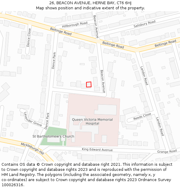 26, BEACON AVENUE, HERNE BAY, CT6 6HJ: Location map and indicative extent of plot