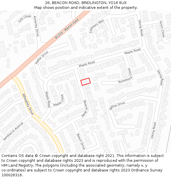 26, BEACON ROAD, BRIDLINGTON, YO16 6UX: Location map and indicative extent of plot