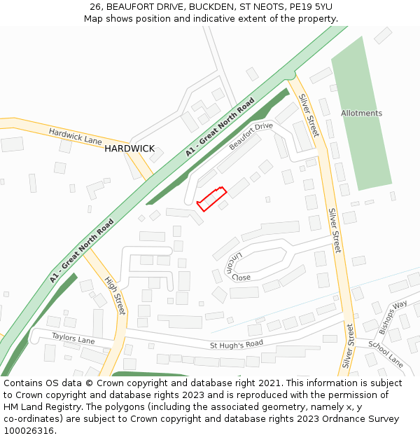 26, BEAUFORT DRIVE, BUCKDEN, ST NEOTS, PE19 5YU: Location map and indicative extent of plot