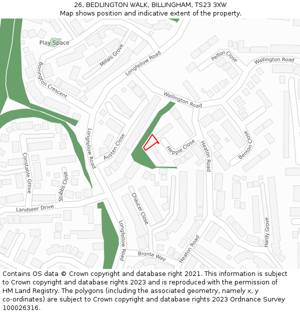 26, BEDLINGTON WALK, BILLINGHAM, TS23 3XW: Location map and indicative extent of plot