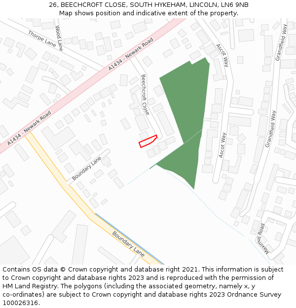 26, BEECHCROFT CLOSE, SOUTH HYKEHAM, LINCOLN, LN6 9NB: Location map and indicative extent of plot