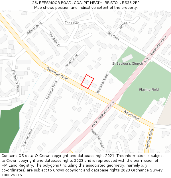 26, BEESMOOR ROAD, COALPIT HEATH, BRISTOL, BS36 2RP: Location map and indicative extent of plot