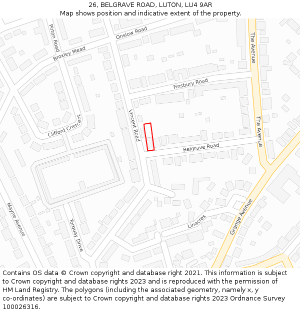 26, BELGRAVE ROAD, LUTON, LU4 9AR: Location map and indicative extent of plot