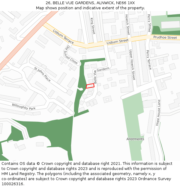 26, BELLE VUE GARDENS, ALNWICK, NE66 1XX: Location map and indicative extent of plot