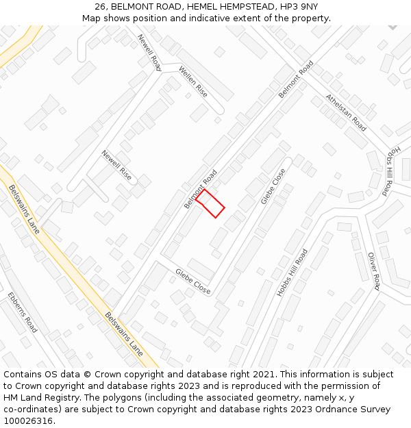 26, BELMONT ROAD, HEMEL HEMPSTEAD, HP3 9NY: Location map and indicative extent of plot