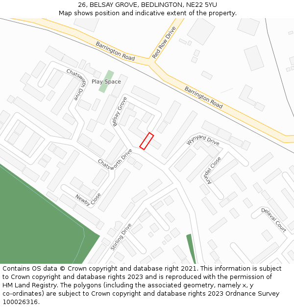 26, BELSAY GROVE, BEDLINGTON, NE22 5YU: Location map and indicative extent of plot
