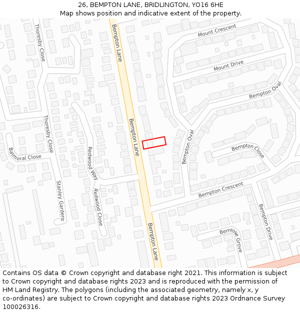26, BEMPTON LANE, BRIDLINGTON, YO16 6HE: Location map and indicative extent of plot