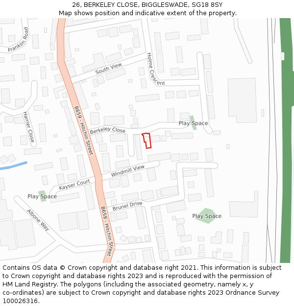 26, BERKELEY CLOSE, BIGGLESWADE, SG18 8SY: Location map and indicative extent of plot