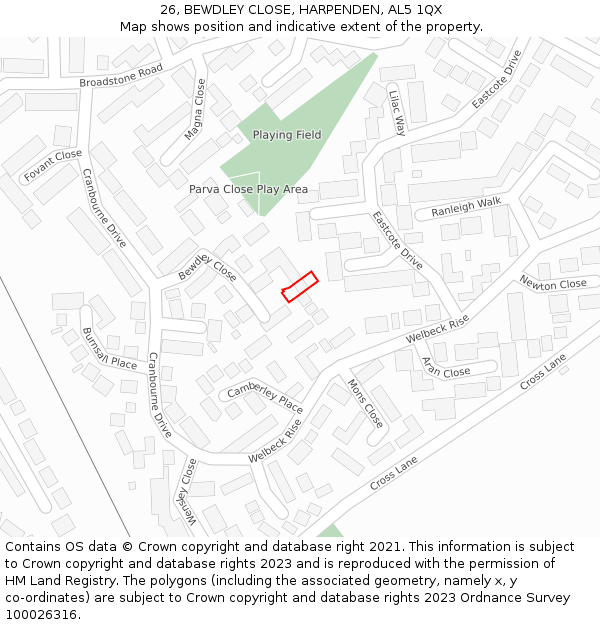 26, BEWDLEY CLOSE, HARPENDEN, AL5 1QX: Location map and indicative extent of plot