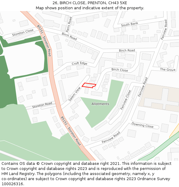 26, BIRCH CLOSE, PRENTON, CH43 5XE: Location map and indicative extent of plot