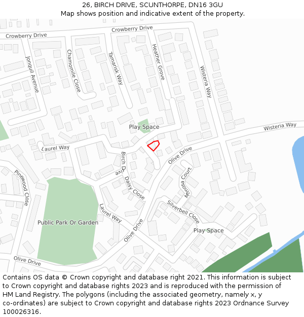 26, BIRCH DRIVE, SCUNTHORPE, DN16 3GU: Location map and indicative extent of plot