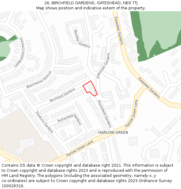 26, BIRCHFIELD GARDENS, GATESHEAD, NE9 7TJ: Location map and indicative extent of plot