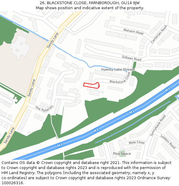 26, BLACKSTONE CLOSE, FARNBOROUGH, GU14 9JW: Location map and indicative extent of plot