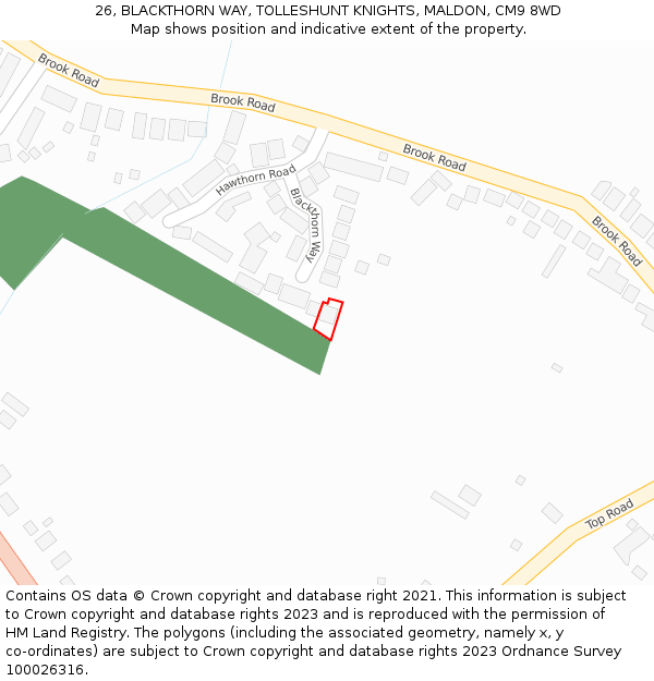 26, BLACKTHORN WAY, TOLLESHUNT KNIGHTS, MALDON, CM9 8WD: Location map and indicative extent of plot