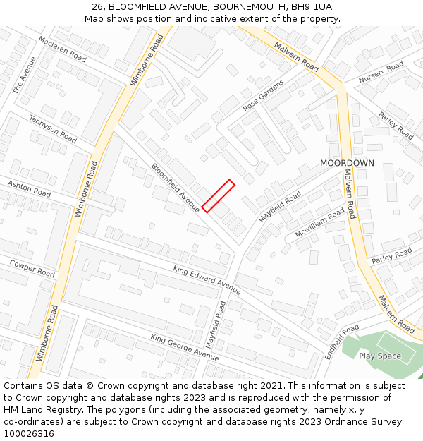 26, BLOOMFIELD AVENUE, BOURNEMOUTH, BH9 1UA: Location map and indicative extent of plot