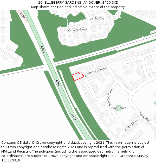 26, BLUEBERRY GARDENS, ANDOVER, SP10 3XD: Location map and indicative extent of plot