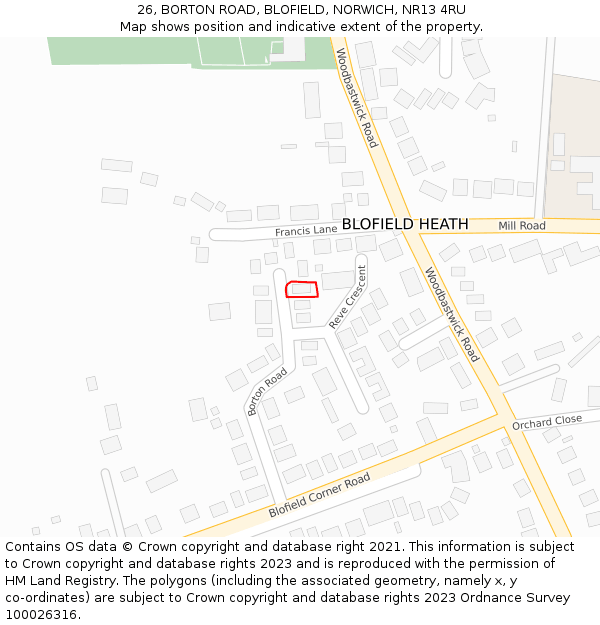 26, BORTON ROAD, BLOFIELD, NORWICH, NR13 4RU: Location map and indicative extent of plot