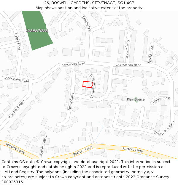 26, BOSWELL GARDENS, STEVENAGE, SG1 4SB: Location map and indicative extent of plot