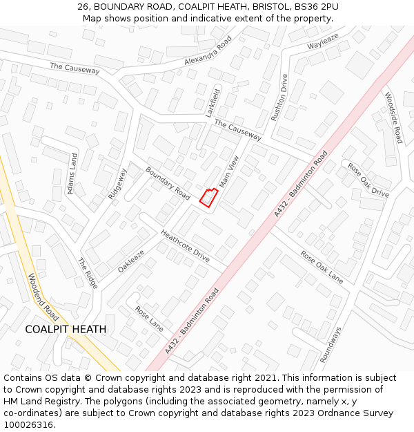 26, BOUNDARY ROAD, COALPIT HEATH, BRISTOL, BS36 2PU: Location map and indicative extent of plot