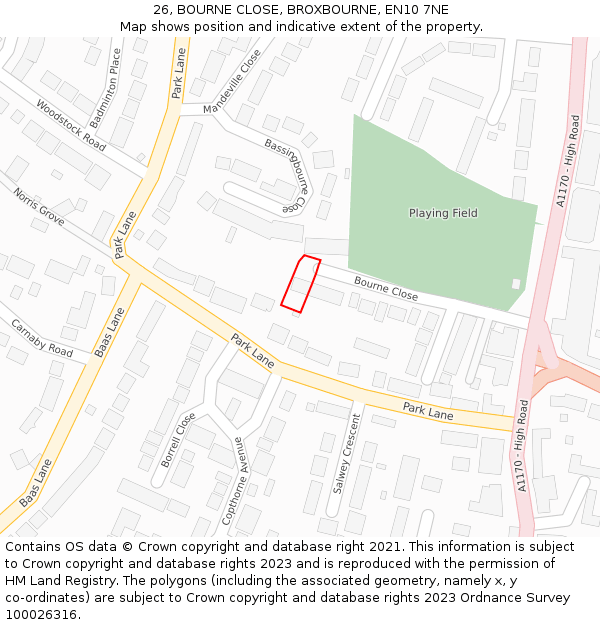 26, BOURNE CLOSE, BROXBOURNE, EN10 7NE: Location map and indicative extent of plot