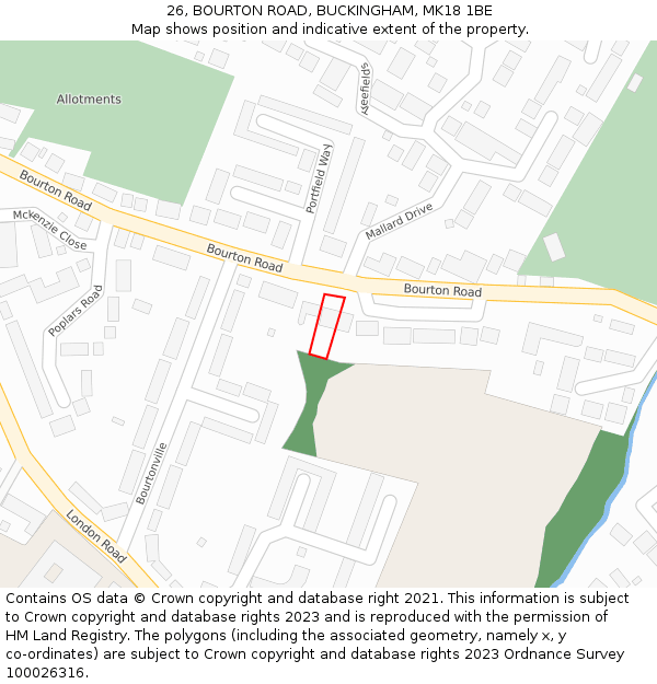 26, BOURTON ROAD, BUCKINGHAM, MK18 1BE: Location map and indicative extent of plot