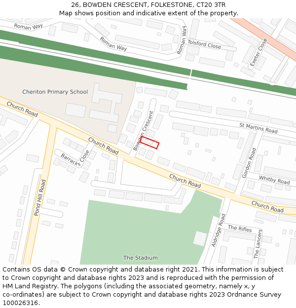 26, BOWDEN CRESCENT, FOLKESTONE, CT20 3TR: Location map and indicative extent of plot