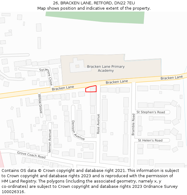 26, BRACKEN LANE, RETFORD, DN22 7EU: Location map and indicative extent of plot