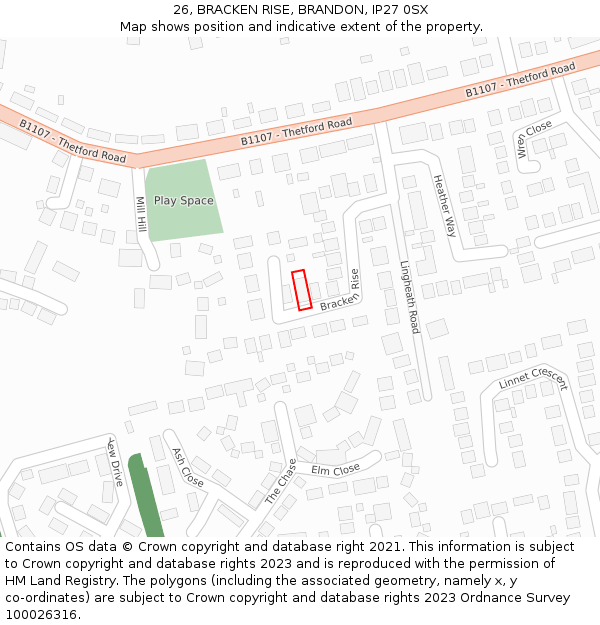 26, BRACKEN RISE, BRANDON, IP27 0SX: Location map and indicative extent of plot