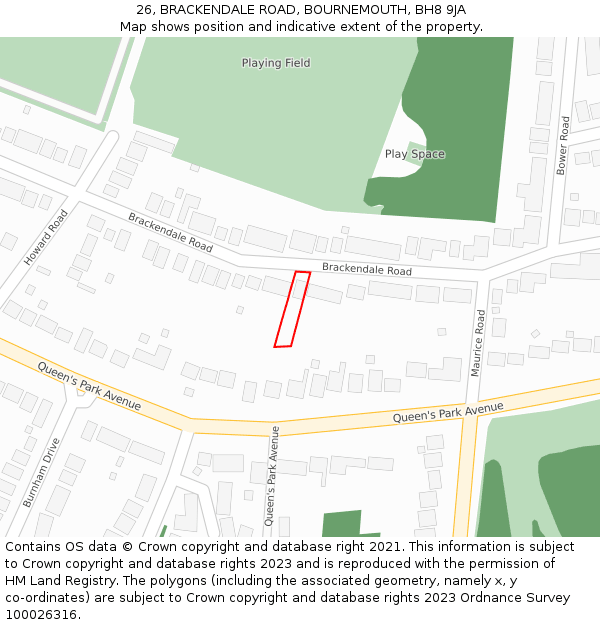 26, BRACKENDALE ROAD, BOURNEMOUTH, BH8 9JA: Location map and indicative extent of plot