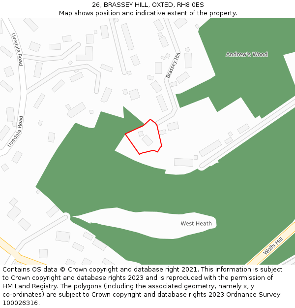 26, BRASSEY HILL, OXTED, RH8 0ES: Location map and indicative extent of plot