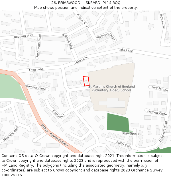 26, BRIARWOOD, LISKEARD, PL14 3QQ: Location map and indicative extent of plot