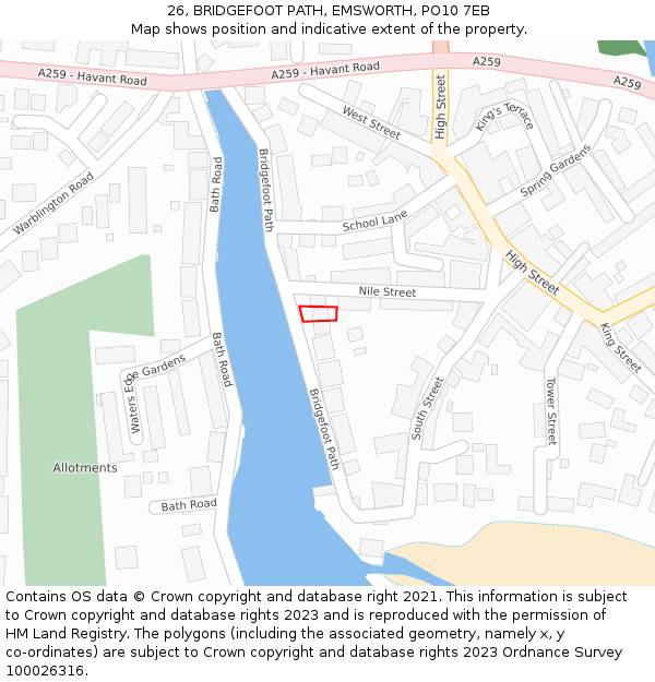 26, BRIDGEFOOT PATH, EMSWORTH, PO10 7EB: Location map and indicative extent of plot