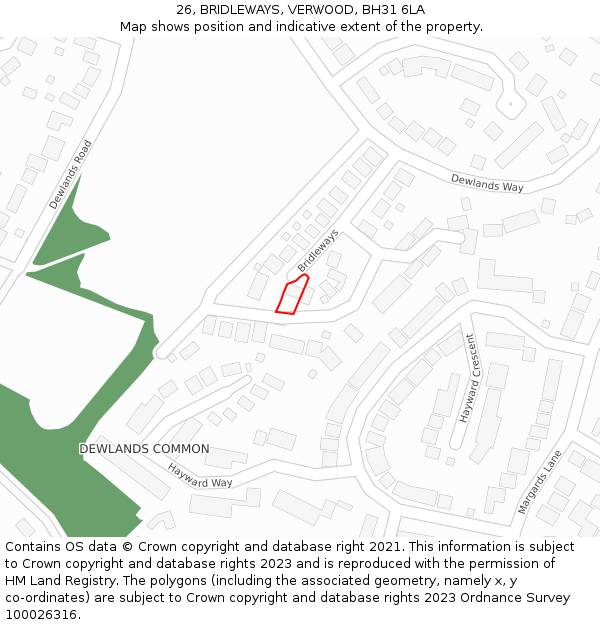 26, BRIDLEWAYS, VERWOOD, BH31 6LA: Location map and indicative extent of plot
