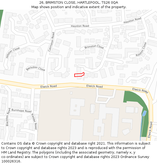 26, BRIMSTON CLOSE, HARTLEPOOL, TS26 0QA: Location map and indicative extent of plot